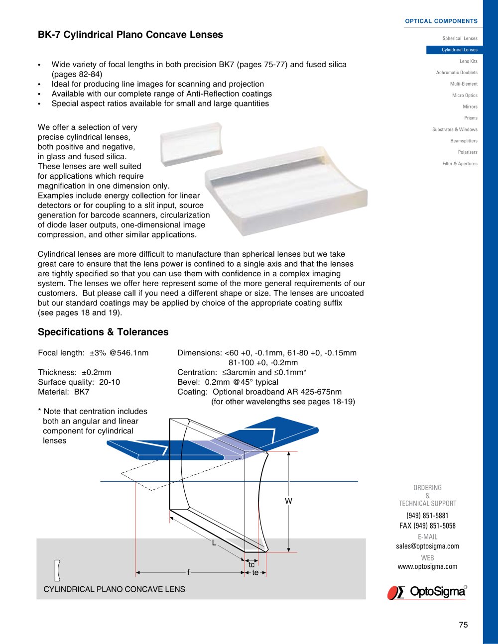 BK7 Cylindrical Plano Concave Lenses / Cylindrical Plano-Concave BK7 / 022-1110 - Optosigma Corporation