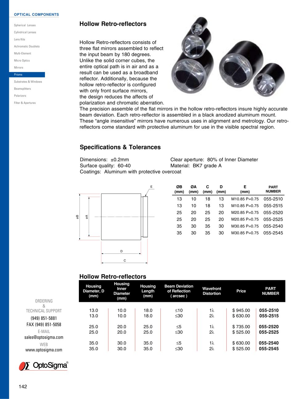 Hollow Retro-Reflectors / Hollow Retro-reflector / 055-2510 - Optosigma Corporation