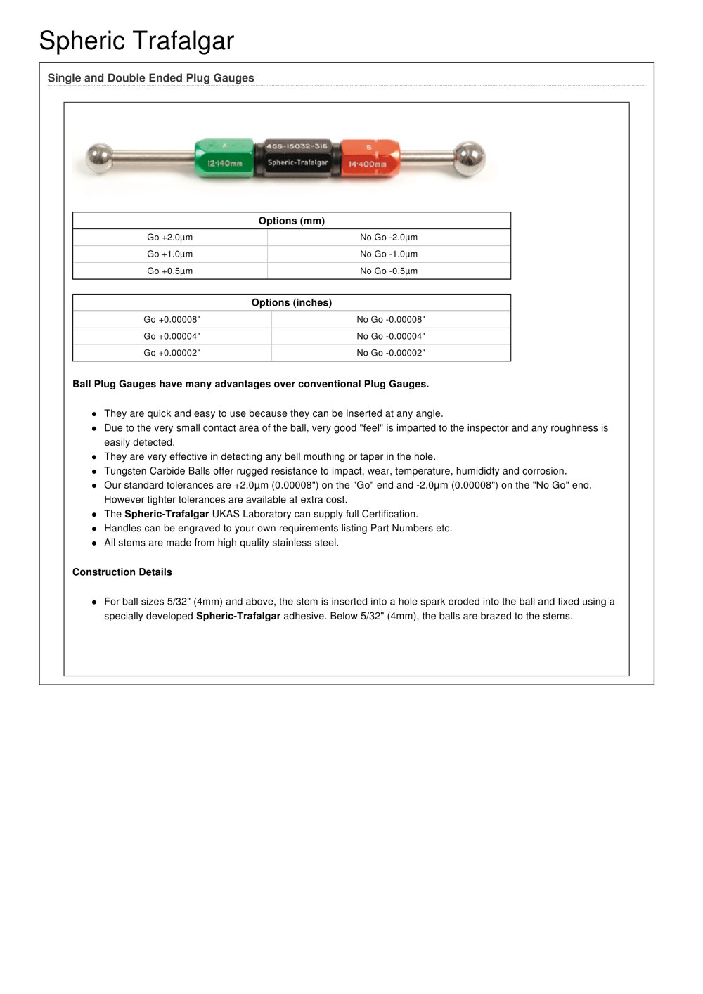 Plug Gauges - Spheric-Trafalgar