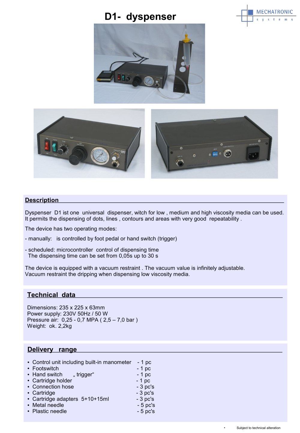 D1 manual dispenser - Mechatronic Systems