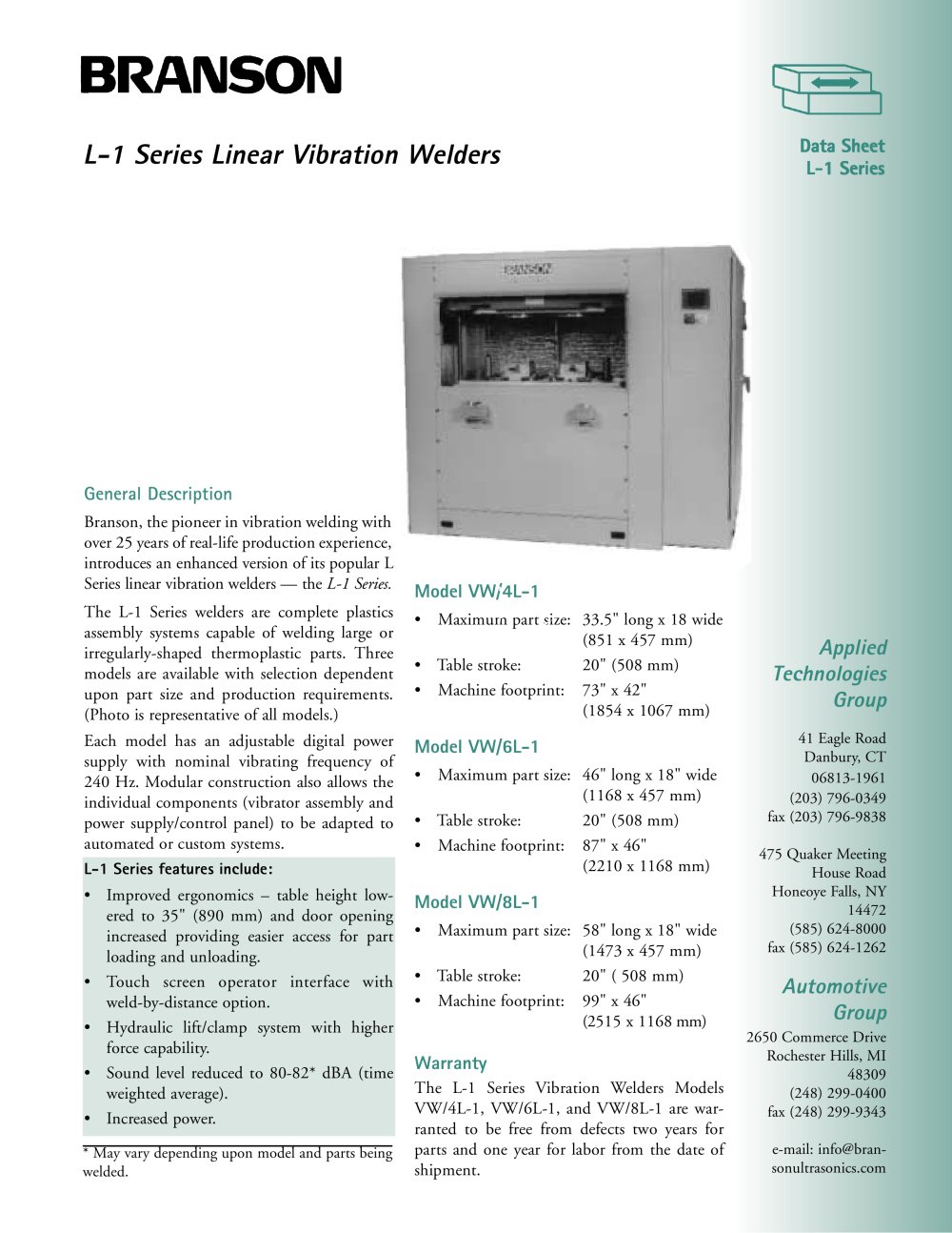 Branson L Series Vibration Welders - Branson Ultrasonics