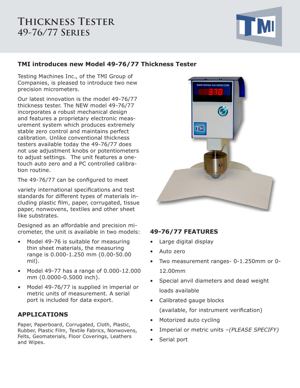 49-76/77 Digital Thickness Tester with Auto Zero - Testing Machines Inc