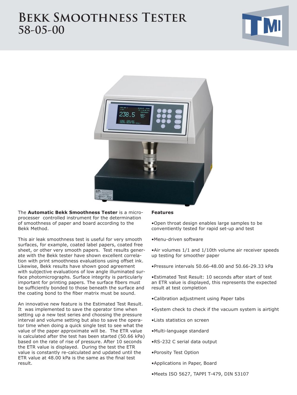 Bekk Smoothness Tester - Testing Machines Inc