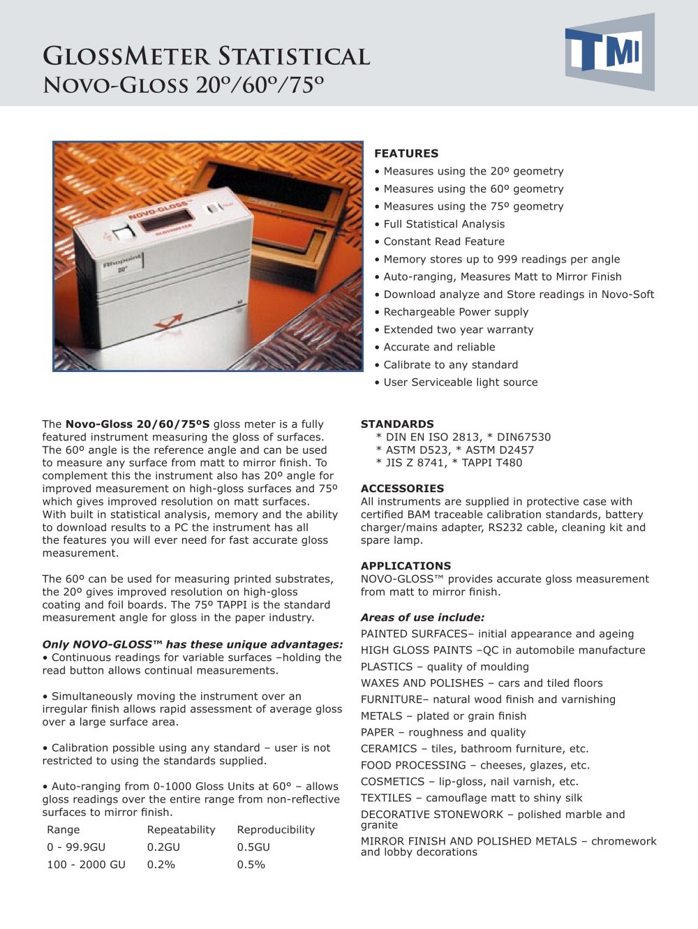 GlossMeter Statistical Novo-Gloss 20&ordm;/60&ordm;/75&ordm; - Testing Machines Inc