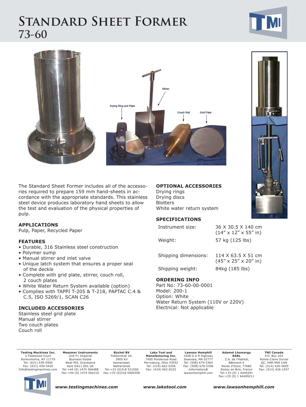 Standard Sheet Former - Testing Machines Inc