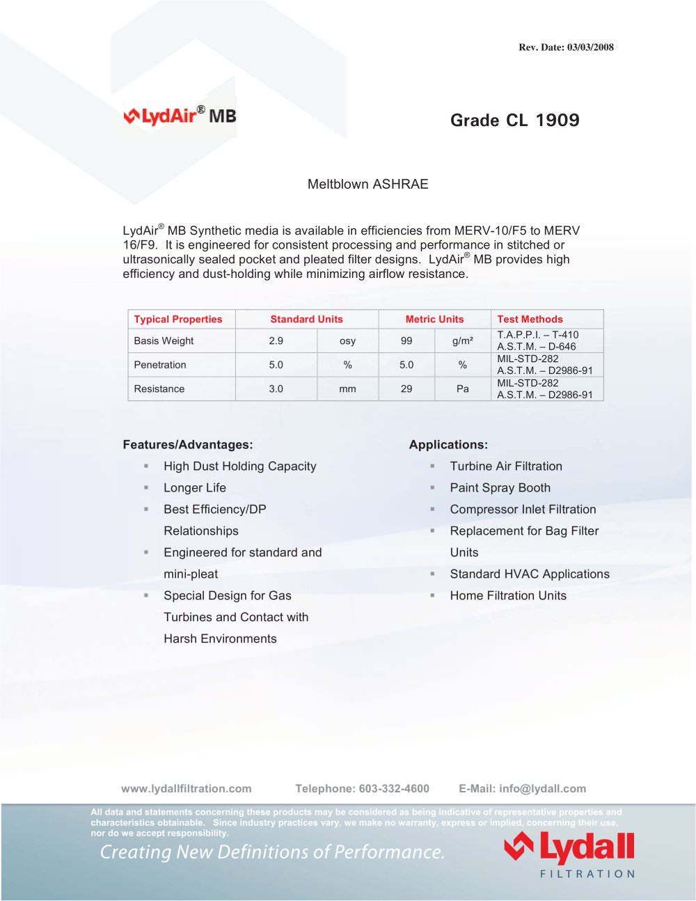 LydAir&reg; MB CL 1909 - Lydall Filtration
