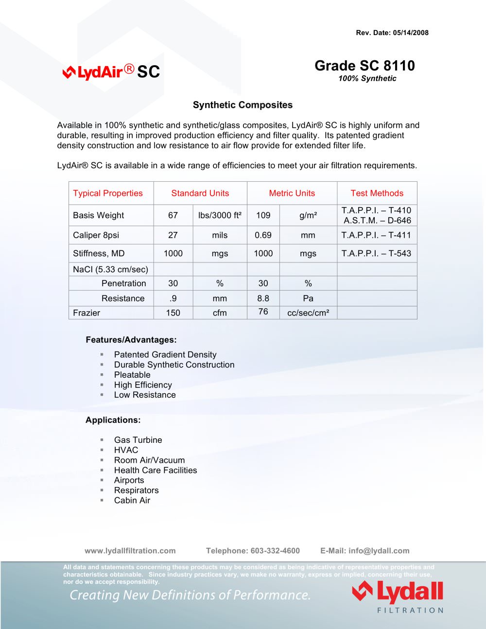 LydAir&reg; SC SC 8110 - Lydall Filtration