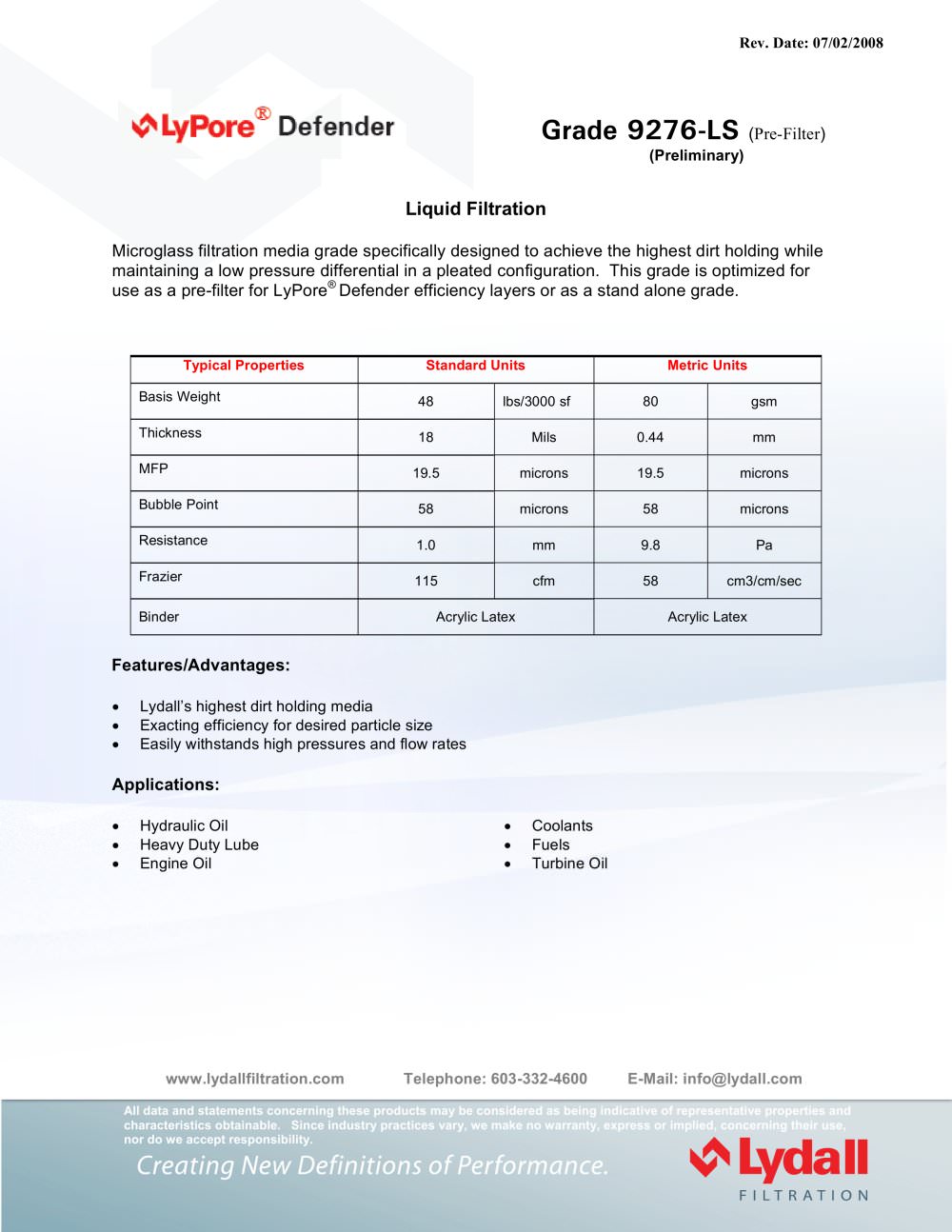 LyPore&reg; Defender 9276-LS - Lydall Filtration