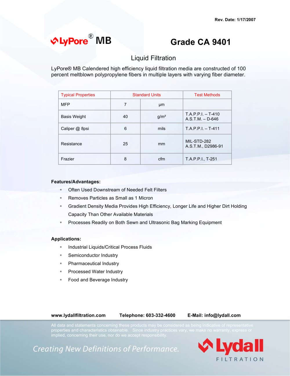 LyPore&reg; MB CA 9401 - Lydall Filtration
