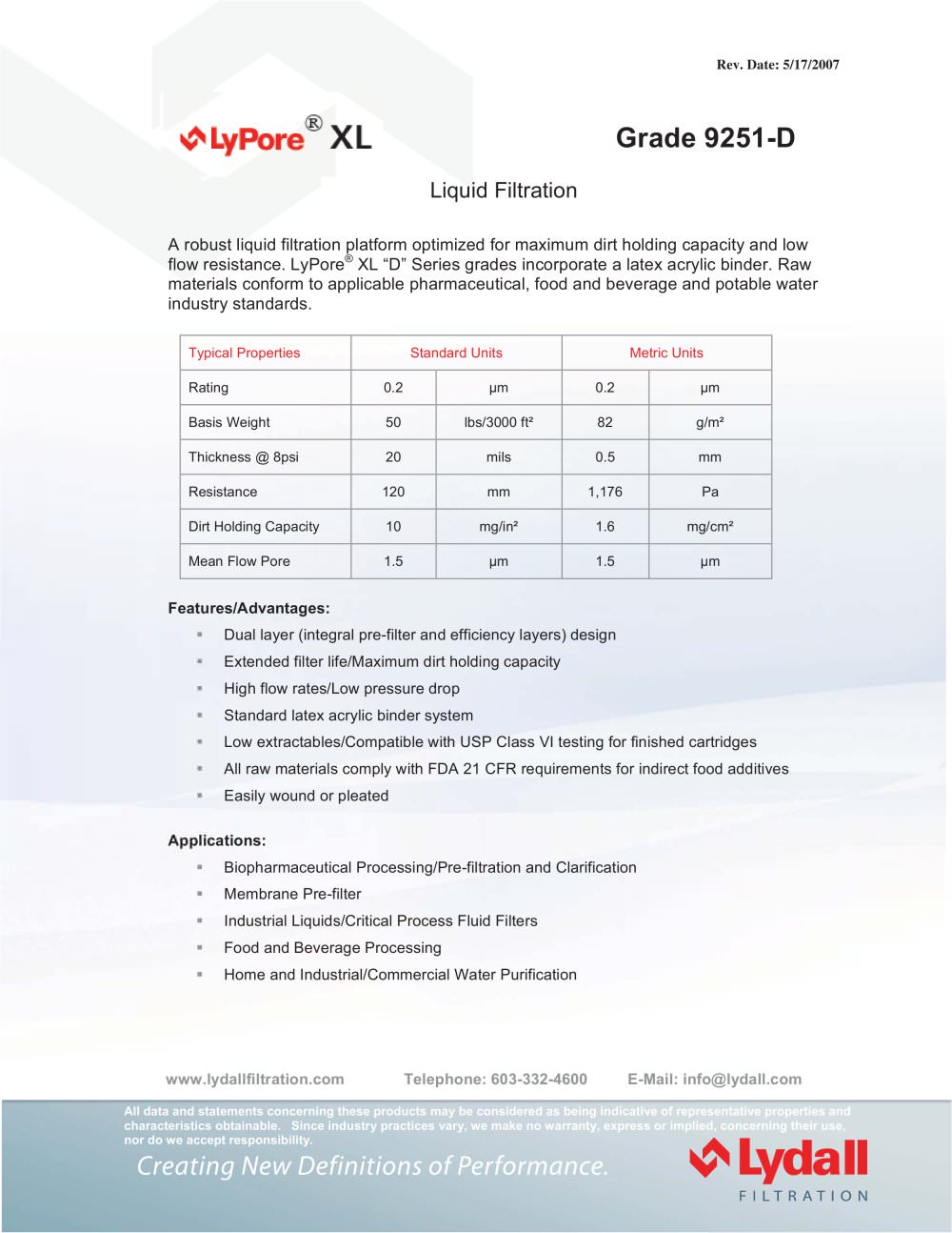 LyPore&reg; XL 9251-D - Lydall Filtration