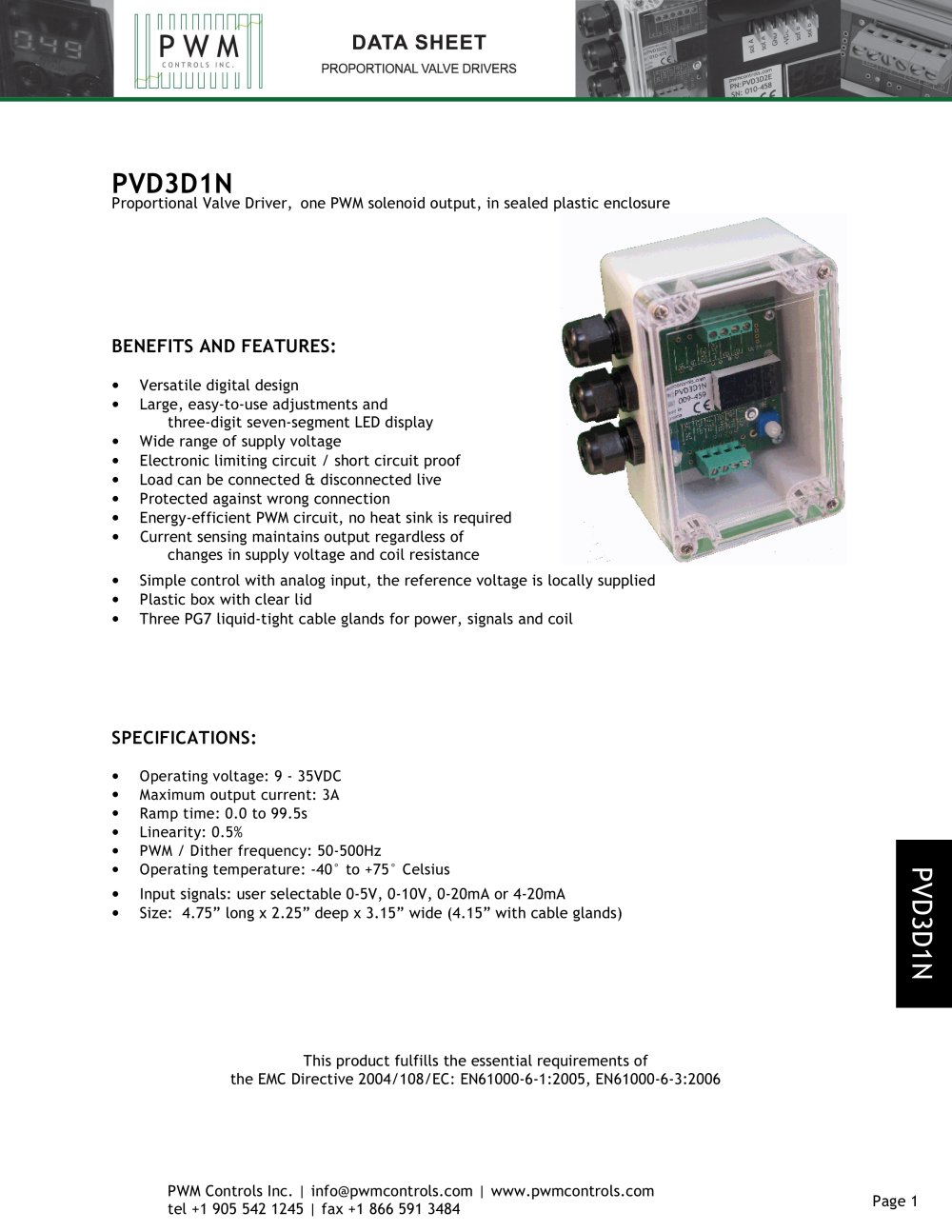 PVD3D1N Proportional Valve Driver - PWM COntrols Inc.