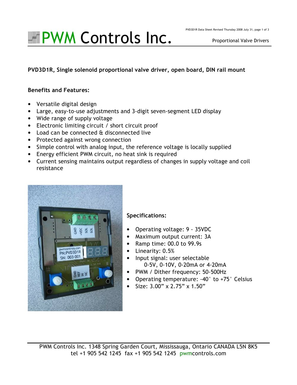 PVD3D1R Proportional Valve Driver - PWM COntrols Inc.
