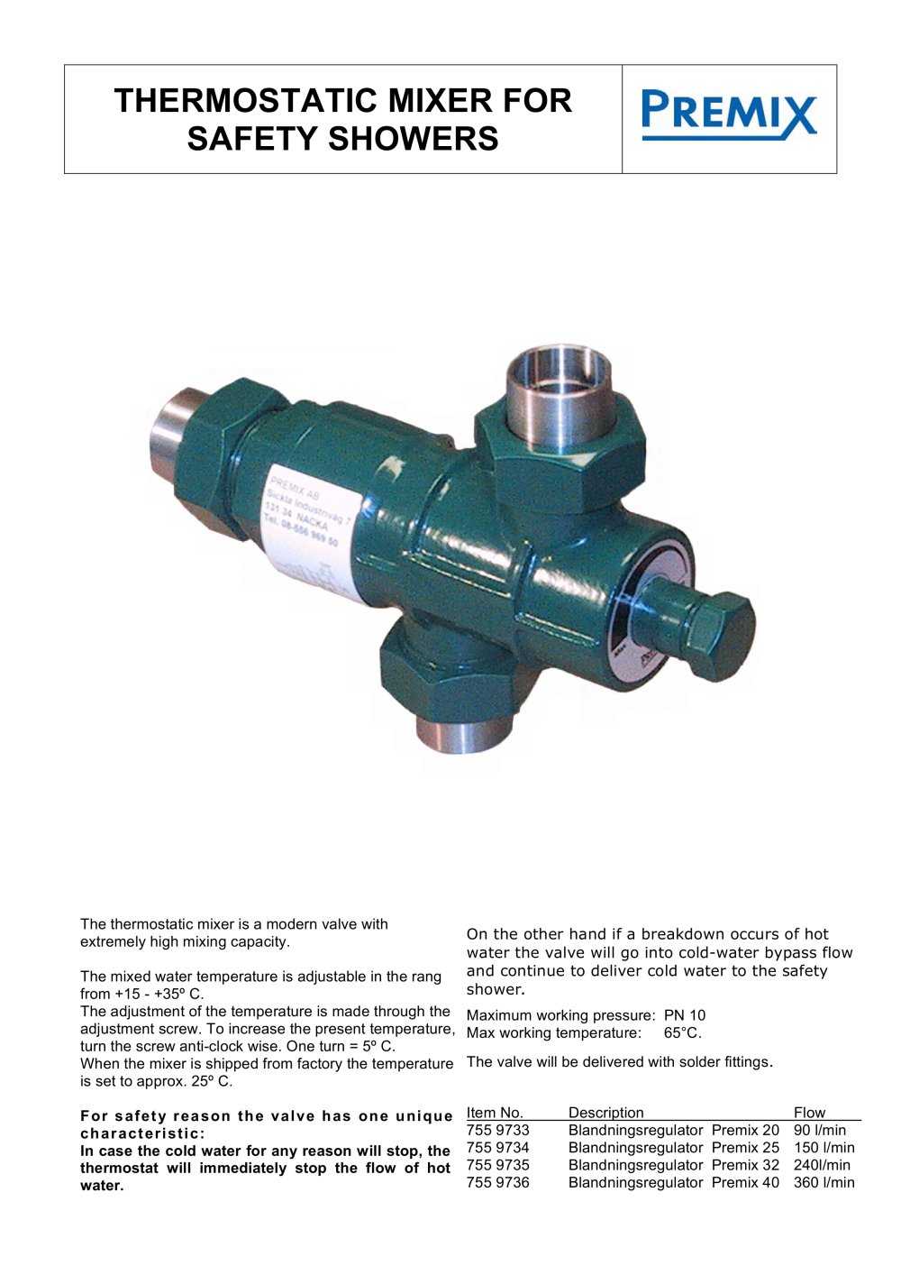 Safety mixer for combined safety showers and drench showers. - Gia industri ab
