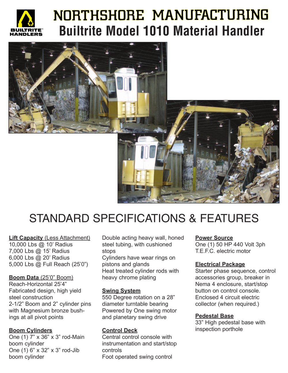1010-SE Stationary Electric Material Handler specification sheet - North Shore Manufacturing
