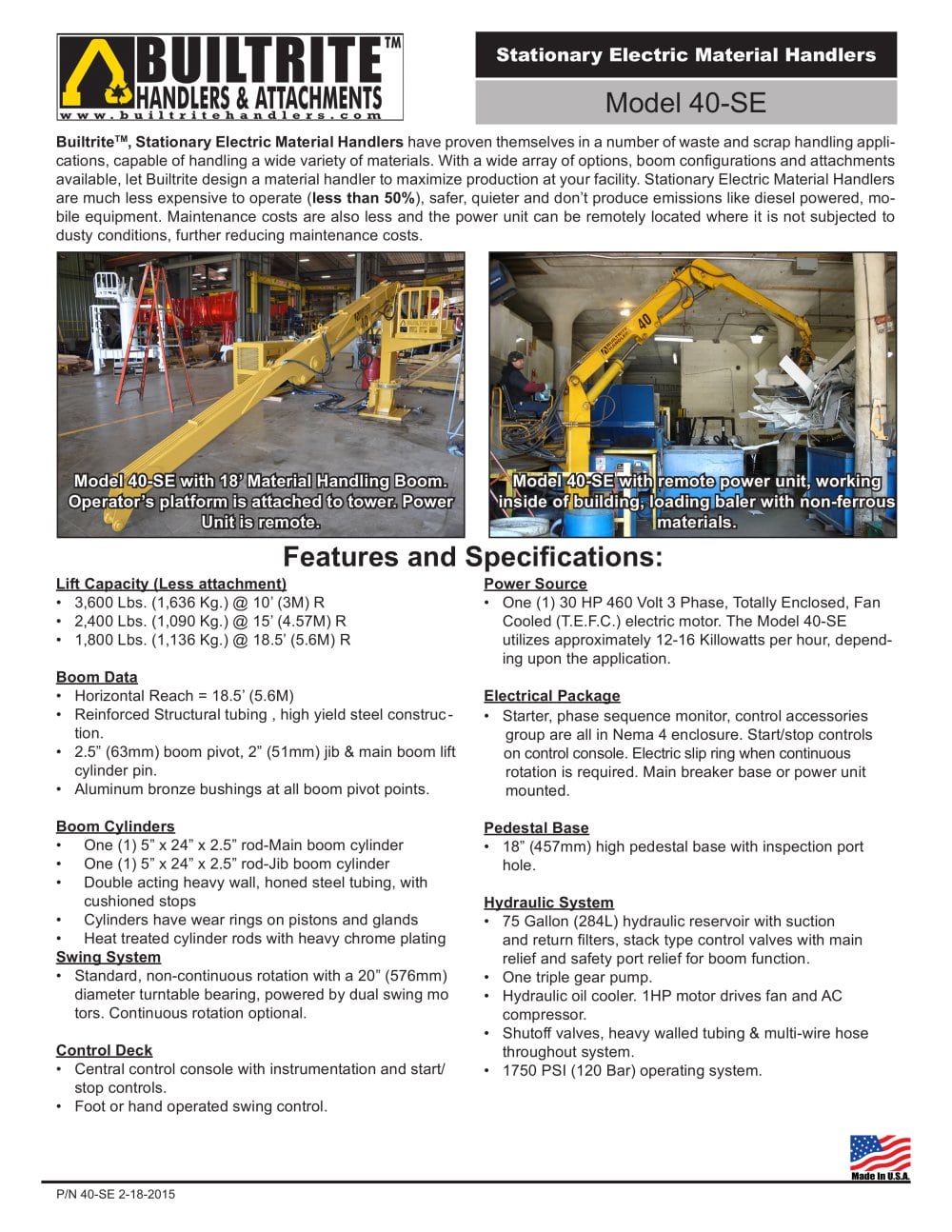 40-SE Stationary Electric Material Handler specification sheet - North Shore Manufacturing