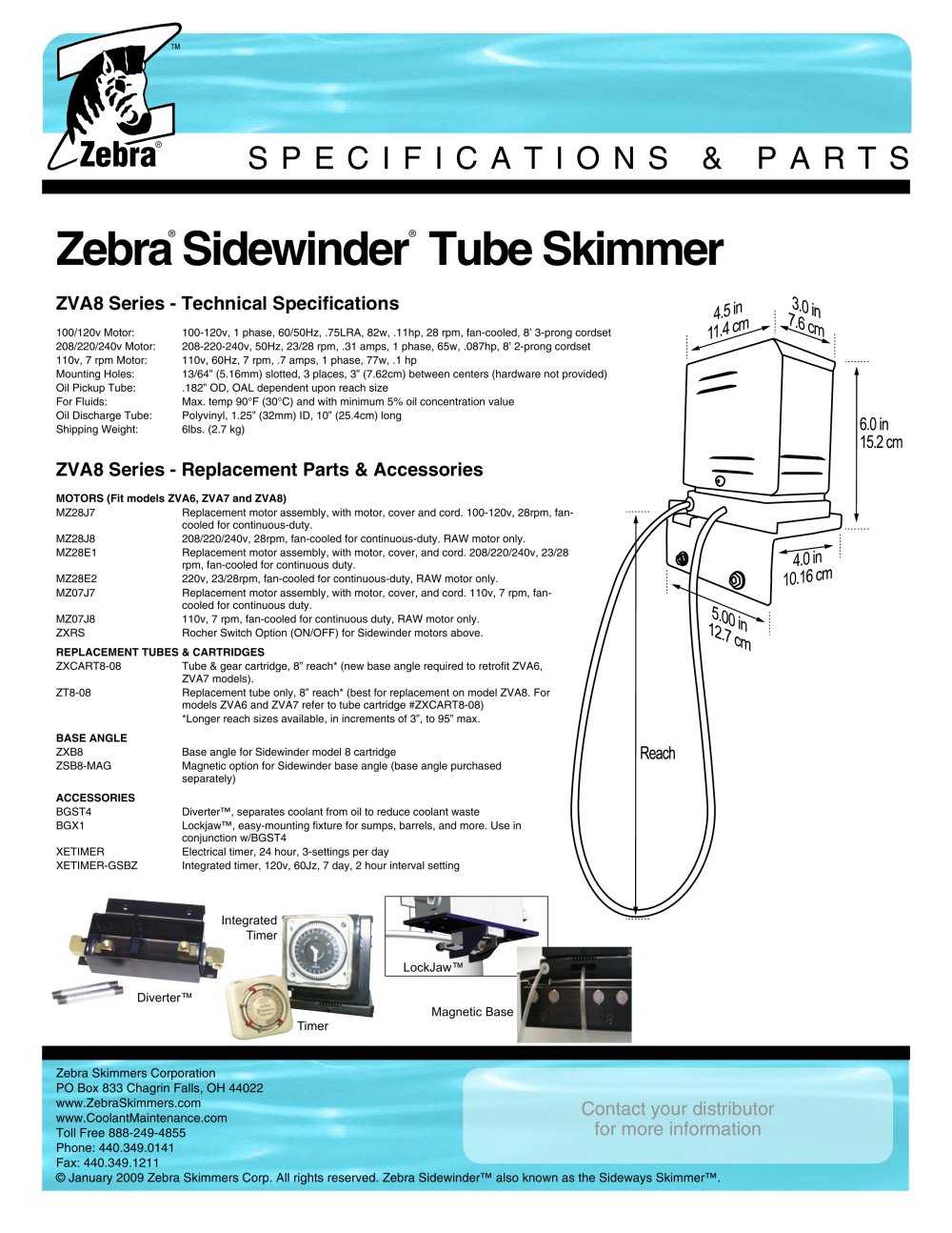 Sidewinder&reg; Tube Skimmer - specifications - Zebra Skimmers Corp.