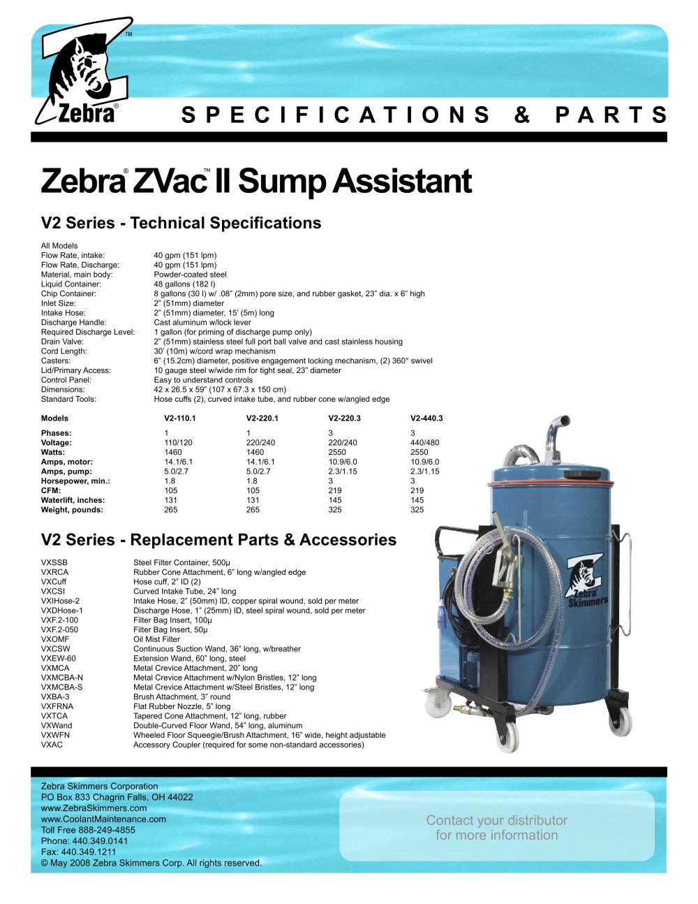 Zebra ZVac� II - specifications - Zebra Skimmers Corp.