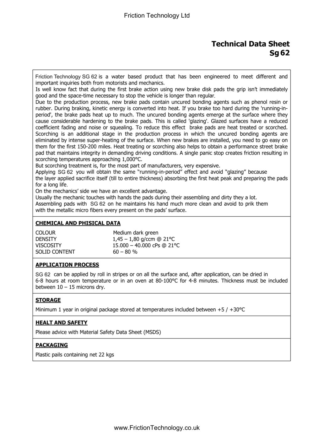 SG 62 Technical Datasheet - Friction Technologies