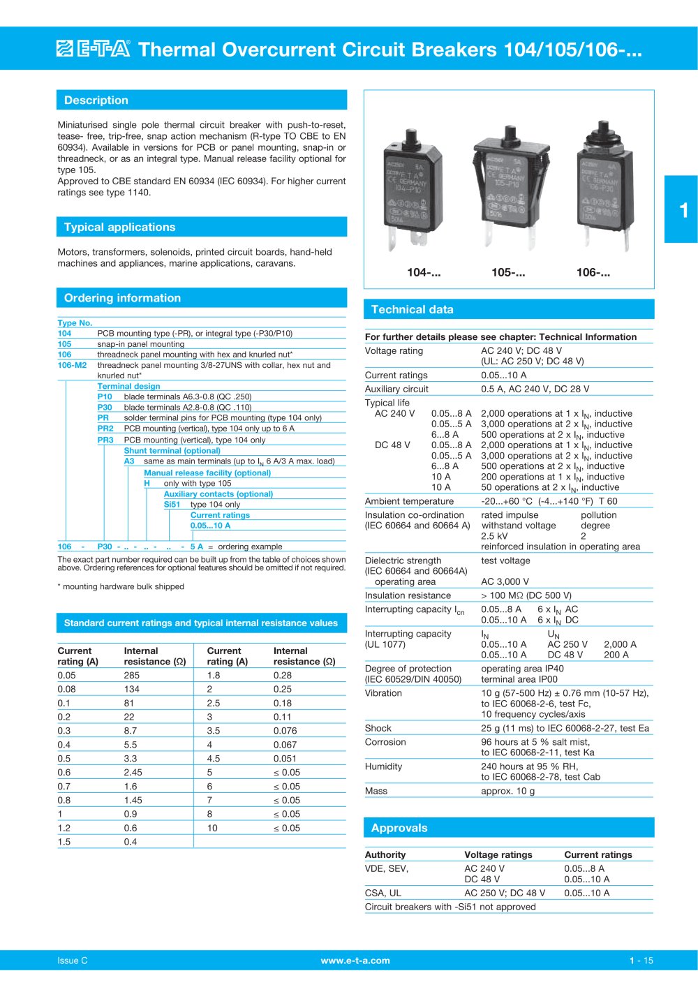 Thermal Overcurrent Circuit Breakers 104/105/106 - E-T-A