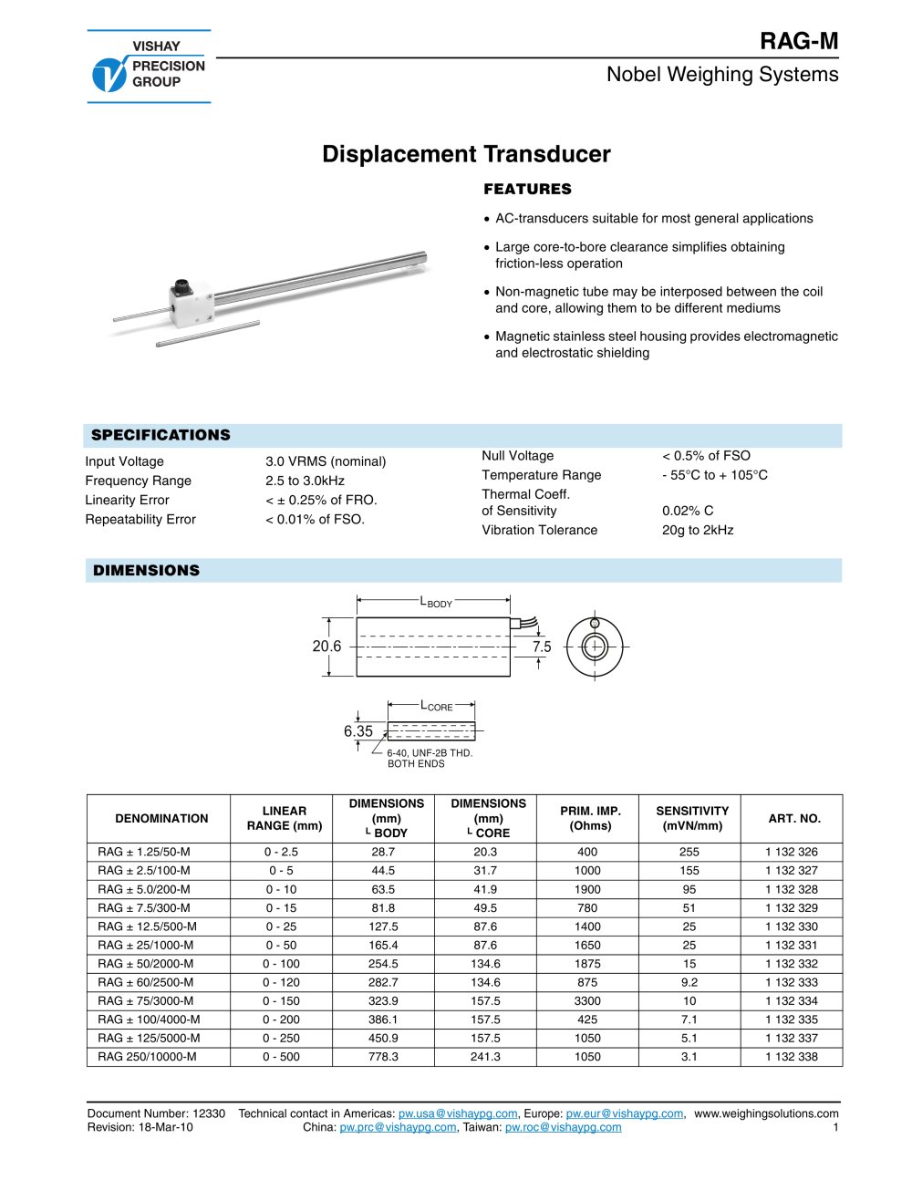 Displacement Transducer - Vishay Nobel Transducers