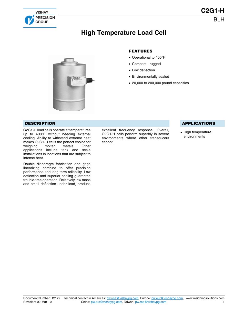 High Temperature Load Cell - Vishay Nobel Transducers