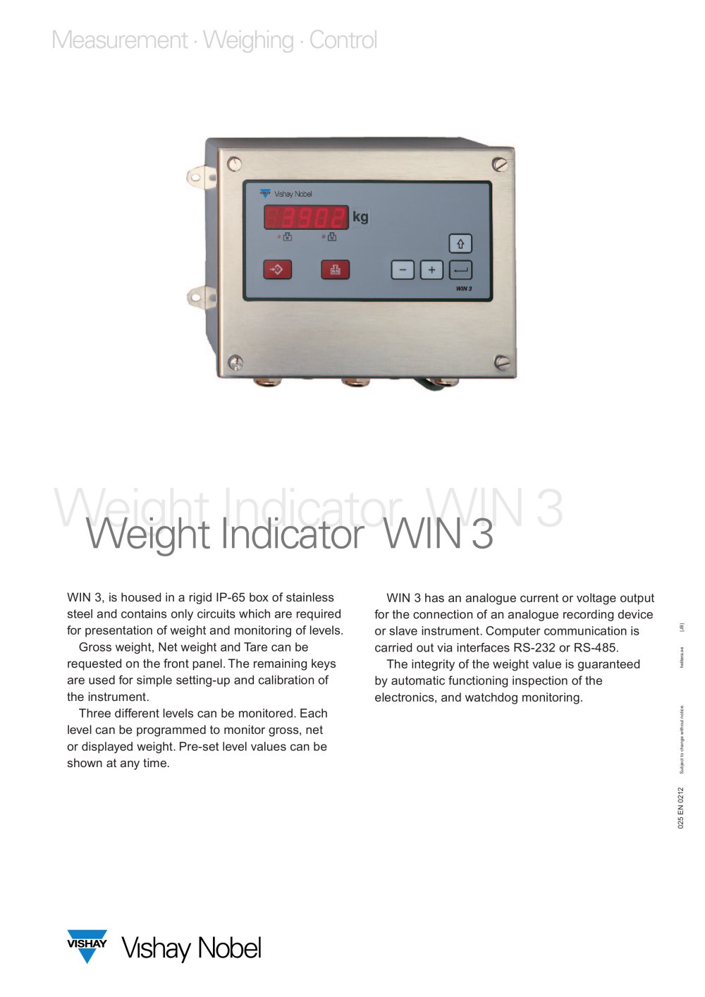 Weight Indicator - WIN 3 - Vishay Nobel Transducers