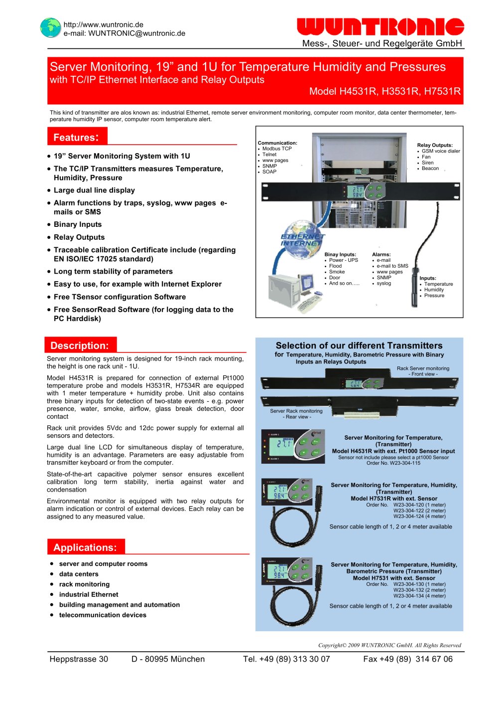 Server Monitoring, 19� and 1U for Temperature Humidity and Pressures with TC/IP Ethernet Interface and Relay Outputs - WUNTRONIC