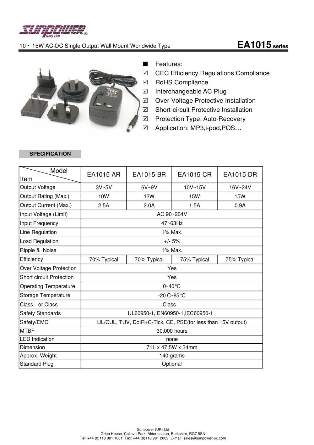 10W Interchangeable AC Plug Wall Mount Adapter - Sunpower UK