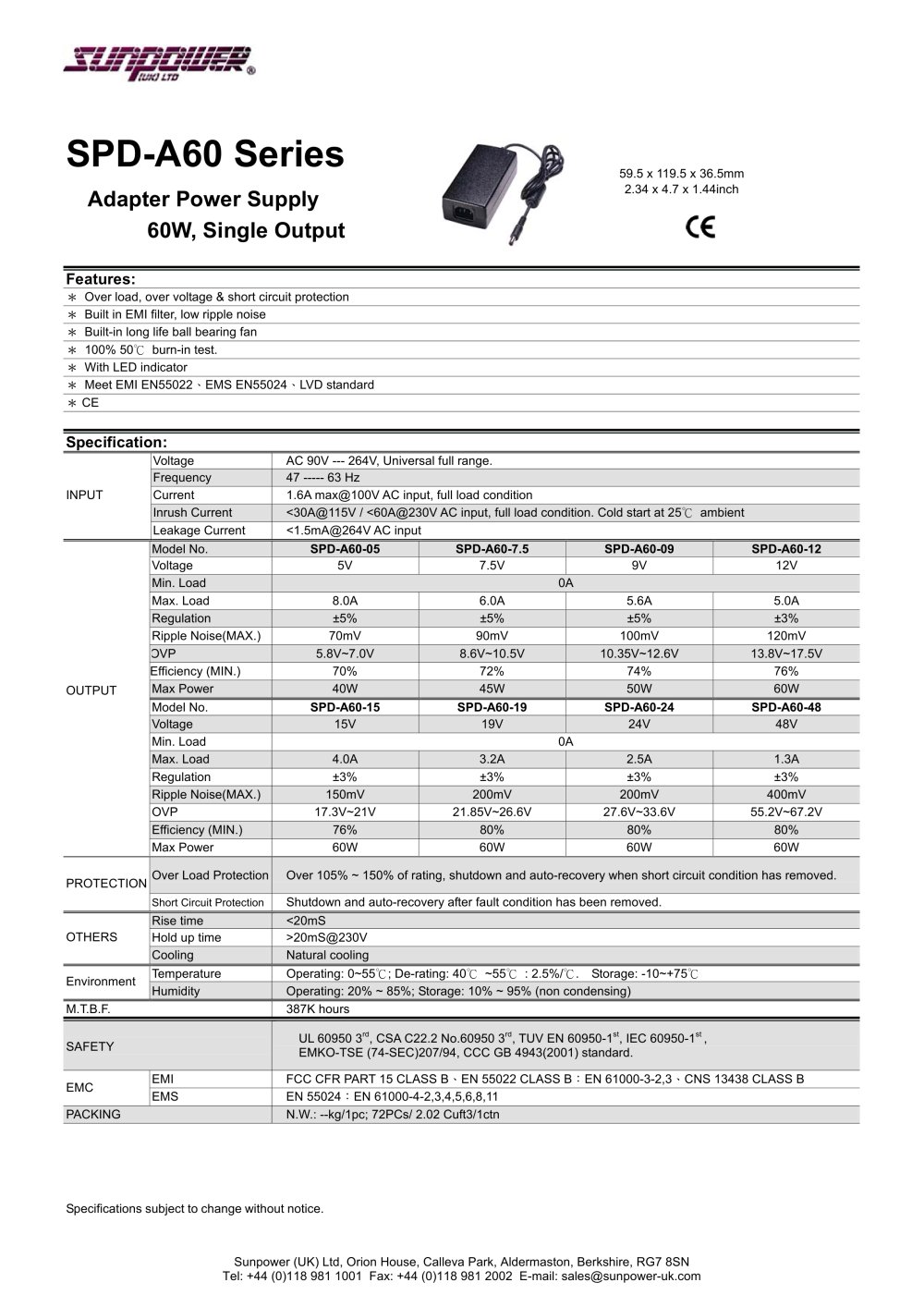 12.5W 5V 2A AC-DC Desktop Power Supply - Sunpower UK
