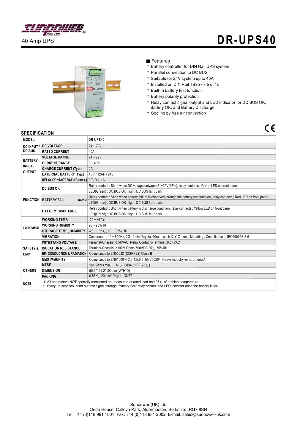 40A Uninteruptable Din Rail Power Supply - Sunpower UK
