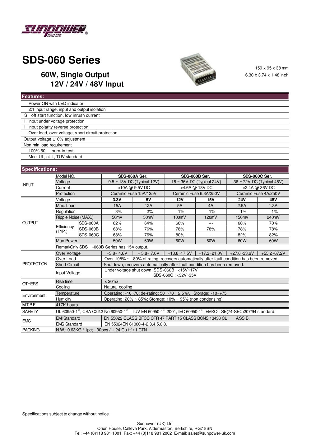 50W 12V Input 3.3V 15A Output DC-DC Converter - Sunpower UK