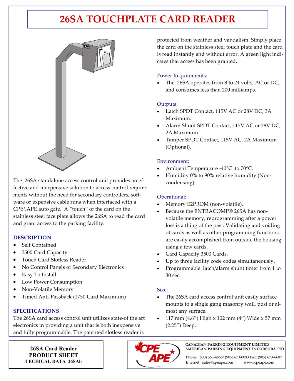 Stand Alone Touchplate Card Reader - CPE APE