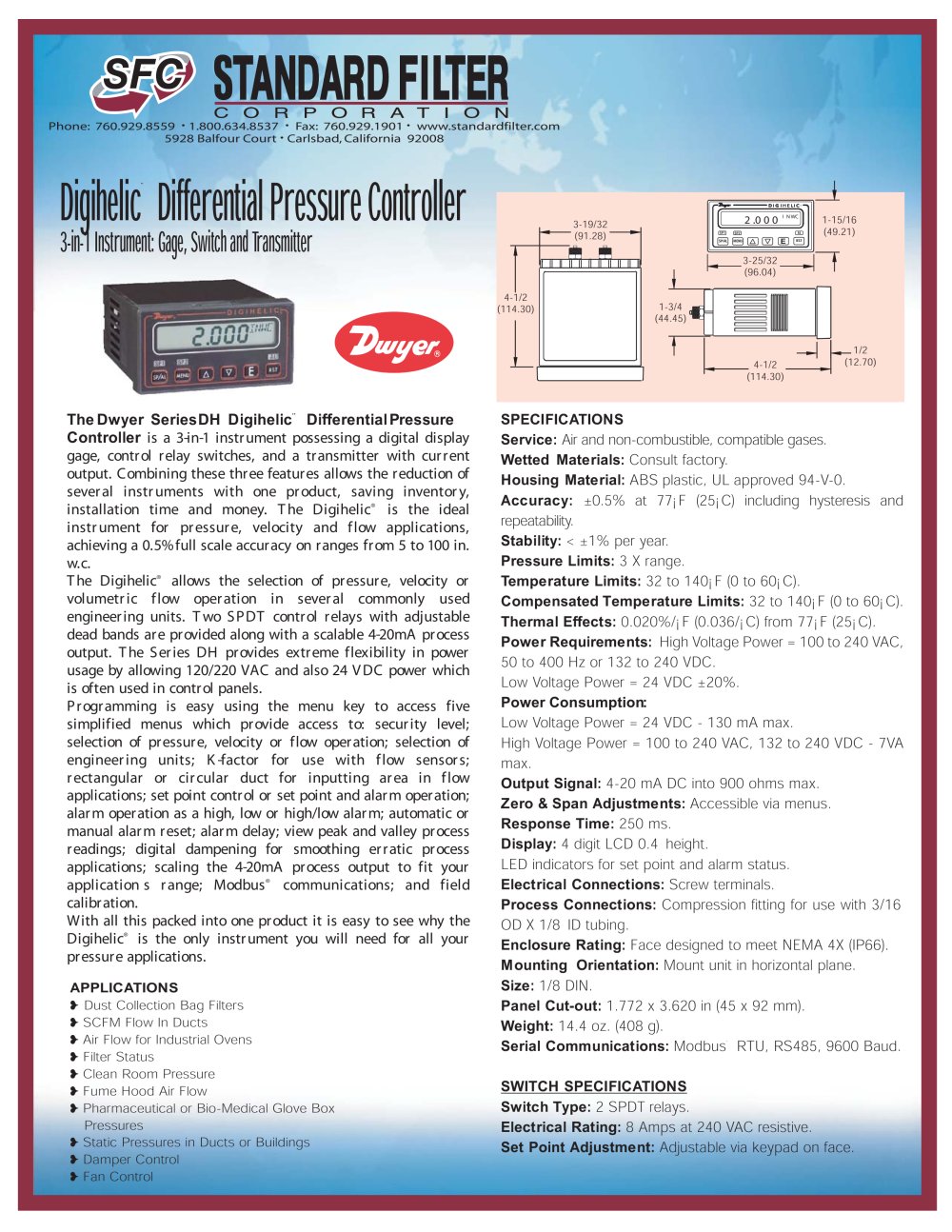 Digihelic Differential Pressure Controller - Standard Filter Corporation