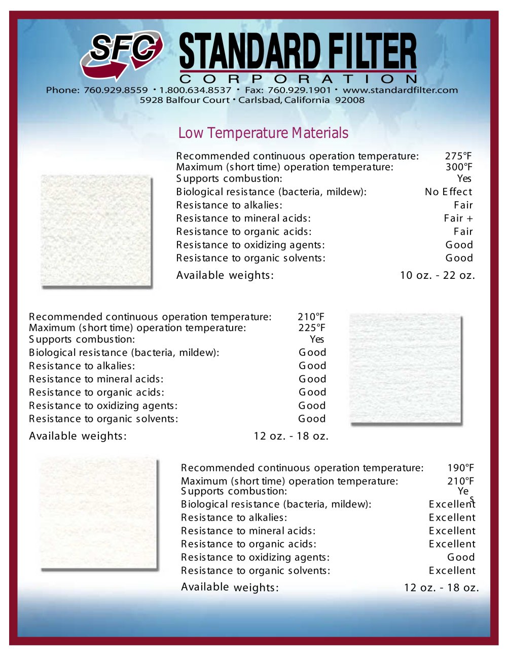 Low Temp Material - Standard Filter Corporation