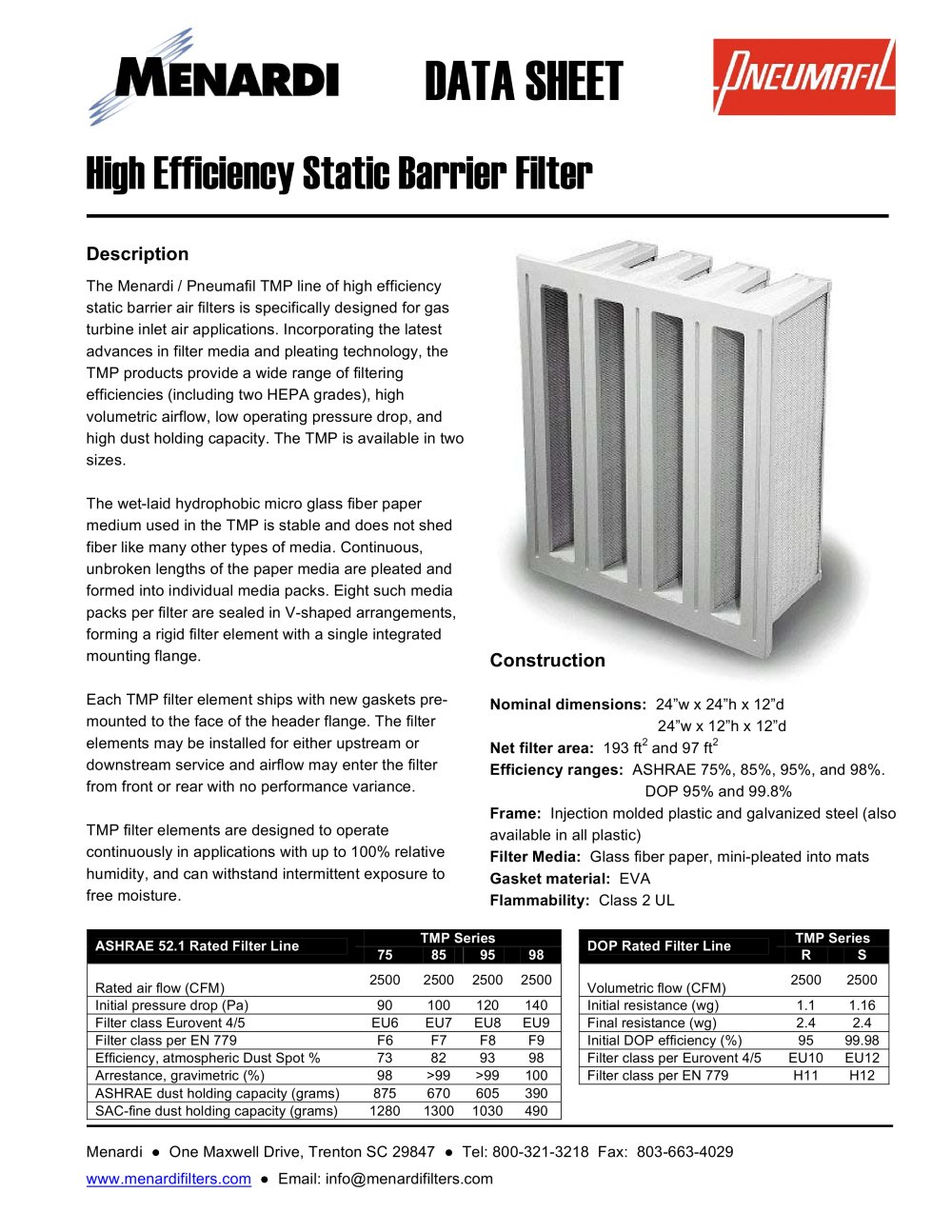 High Efficiency Static Barrier Filter - Menardi