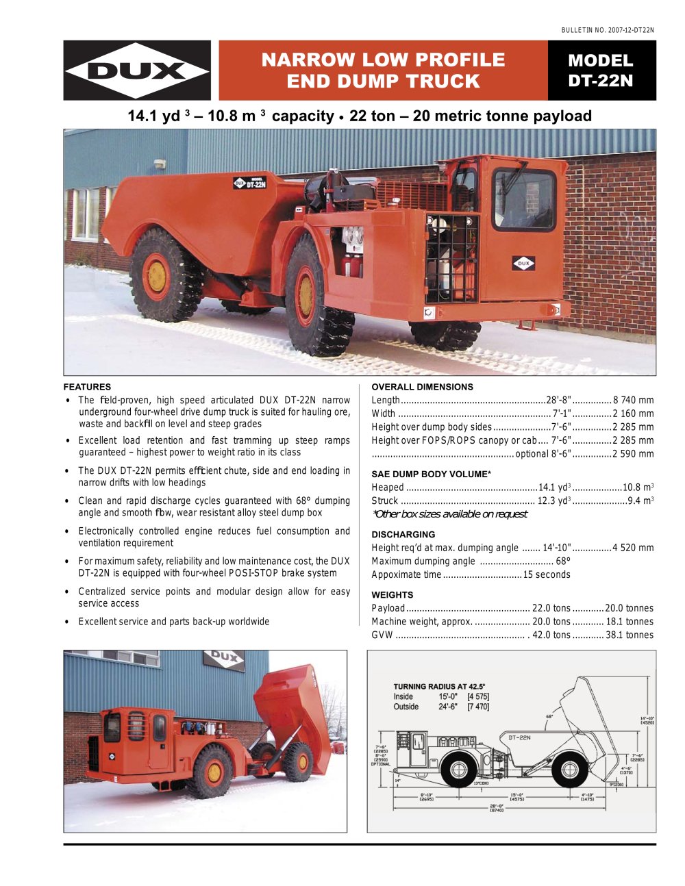 Narrow Low Profile End Dump Truck (DT- 22N) - DUX MACHINERY CORPORATION