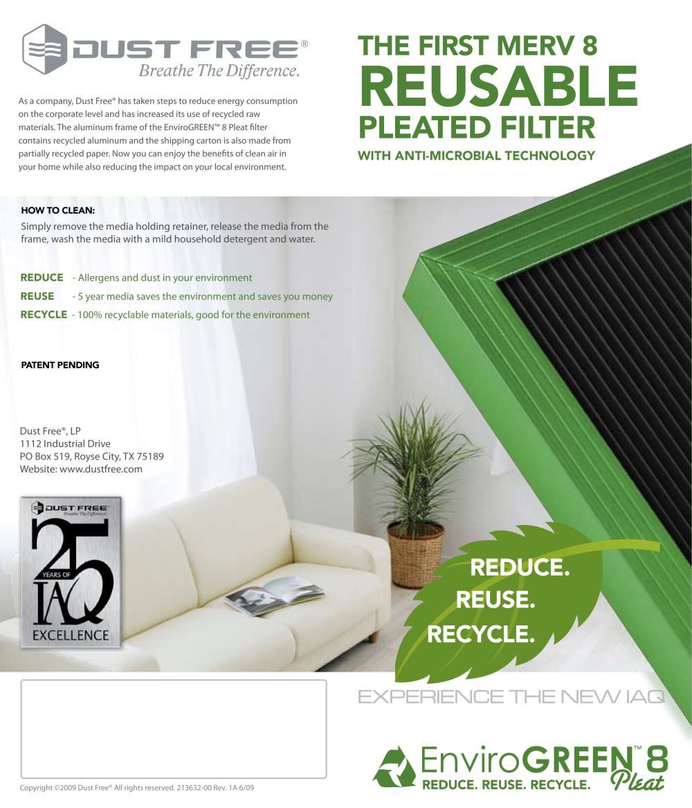 REUSABLE THE FIRST MERV 8 PLEATED FILTER - Dust Free&reg;