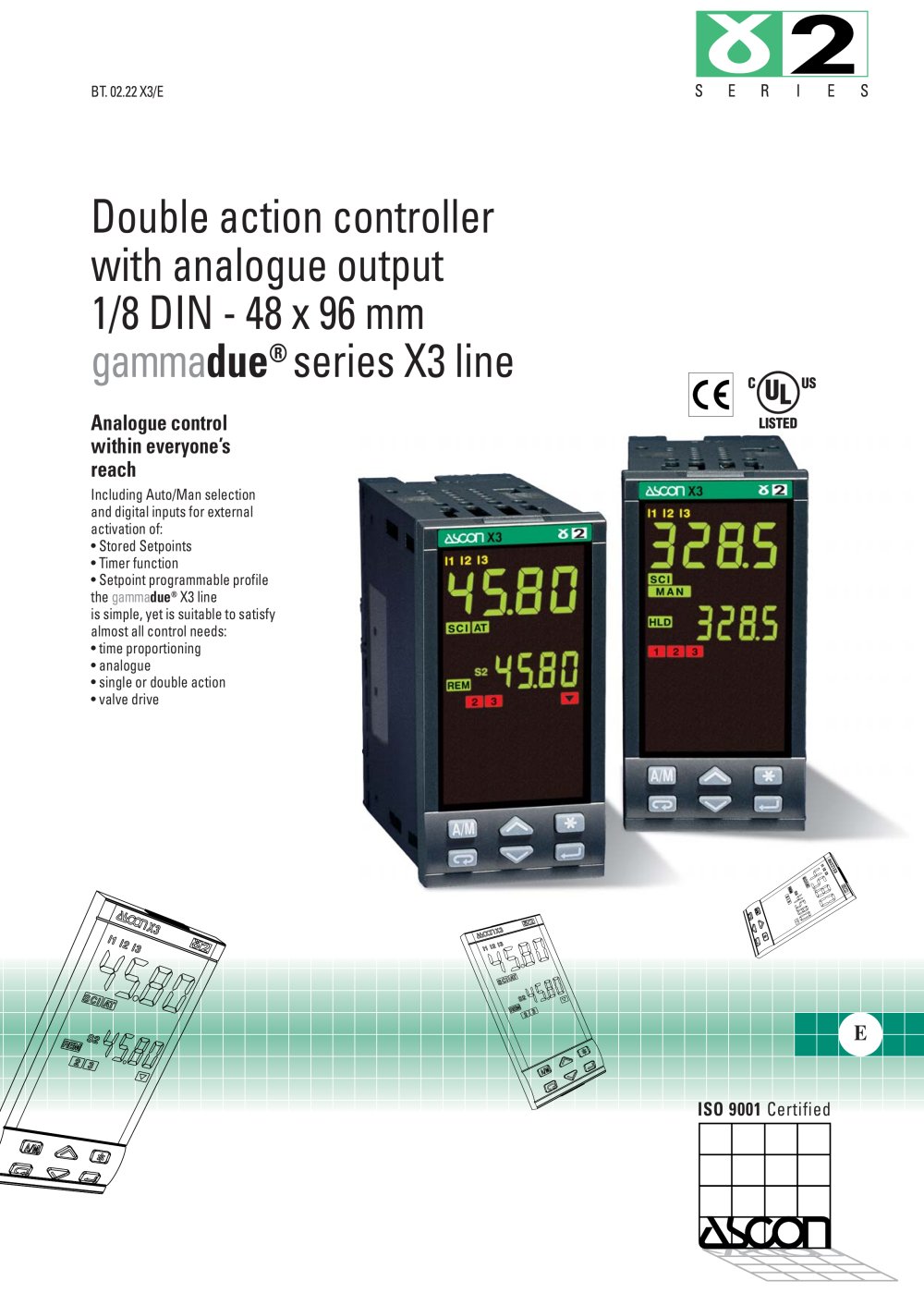 Double action controller with analogue output 1/8 DIN - 48 x 96 mm - ASCON
