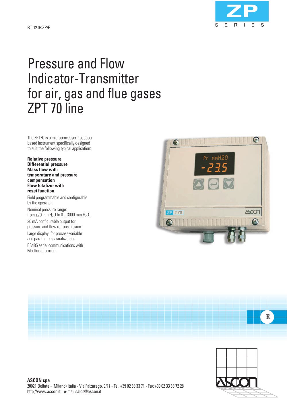 Pressure and Flow Indicator-Transmitter for air, gas and flue gases ZPT 70 line - ASCON