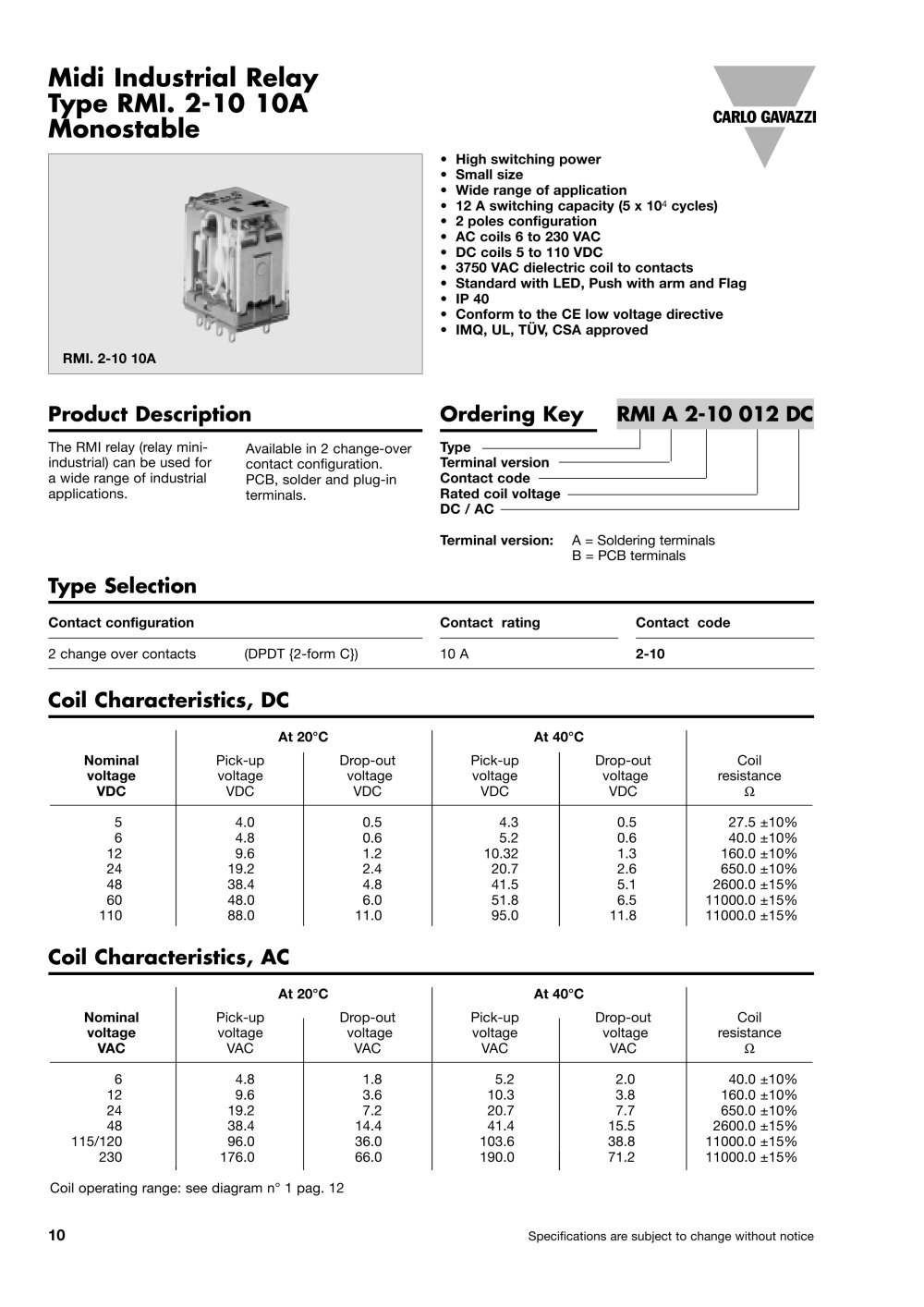 Electromechanical Relays RMIB0020012DC - CARLO GAVAZZI