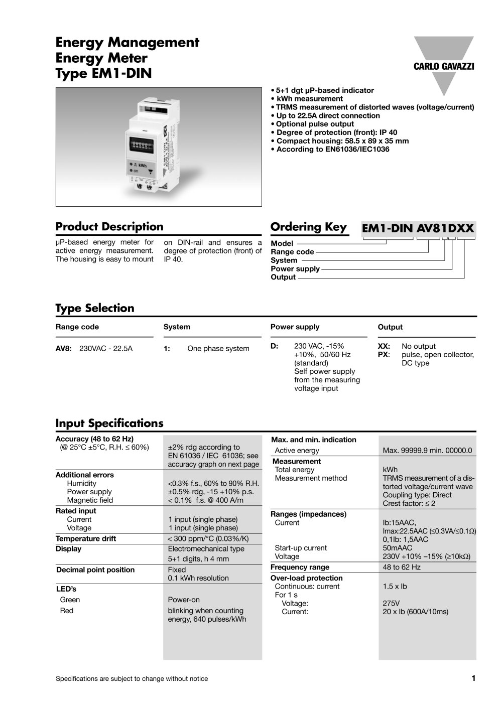 Energy Management Energy Meter Type EM1-DIN - CARLO GAVAZZI
