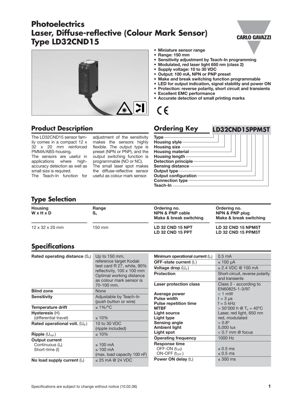 Photoelectrics Laser, Diffuse-reflective (Colour Mark Sensor) Type LD32CND15 - CARLO GAVAZZI