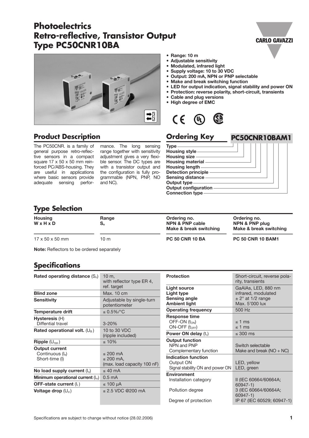 Photoelectrics Retro-reflective, Transistor Output Type PC50CNR10BA - CARLO GAVAZZI