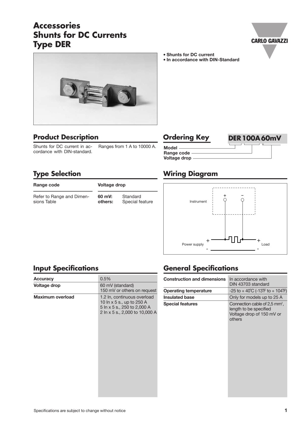 Shunts for DC Currents Type DER - CARLO GAVAZZI