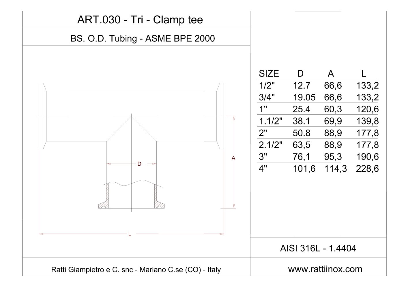 Art. 030 - Tri-Clamp Tee - RATTIINOX SRL