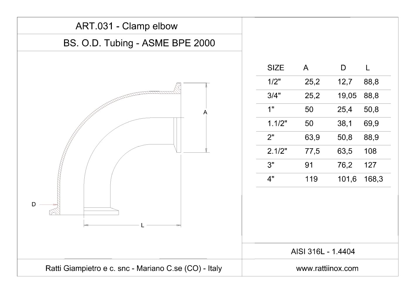 Art. 031 - Tri-Clamp Elbow - RATTIINOX SRL