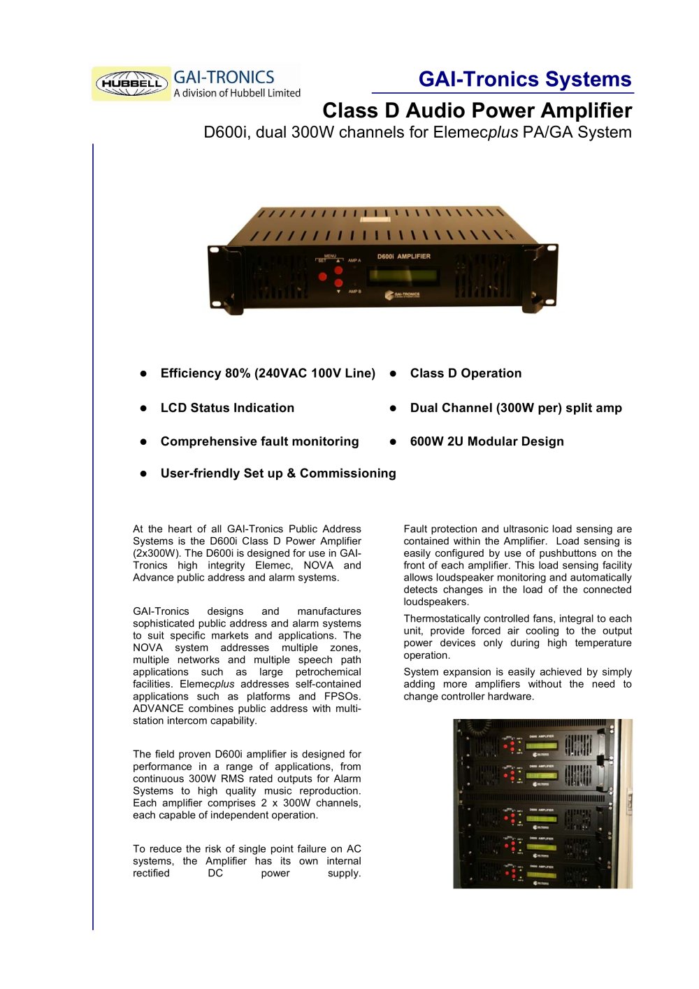 D600i Class D Audio Power Amplifier for PA/GA Systems - GAI-Tronics