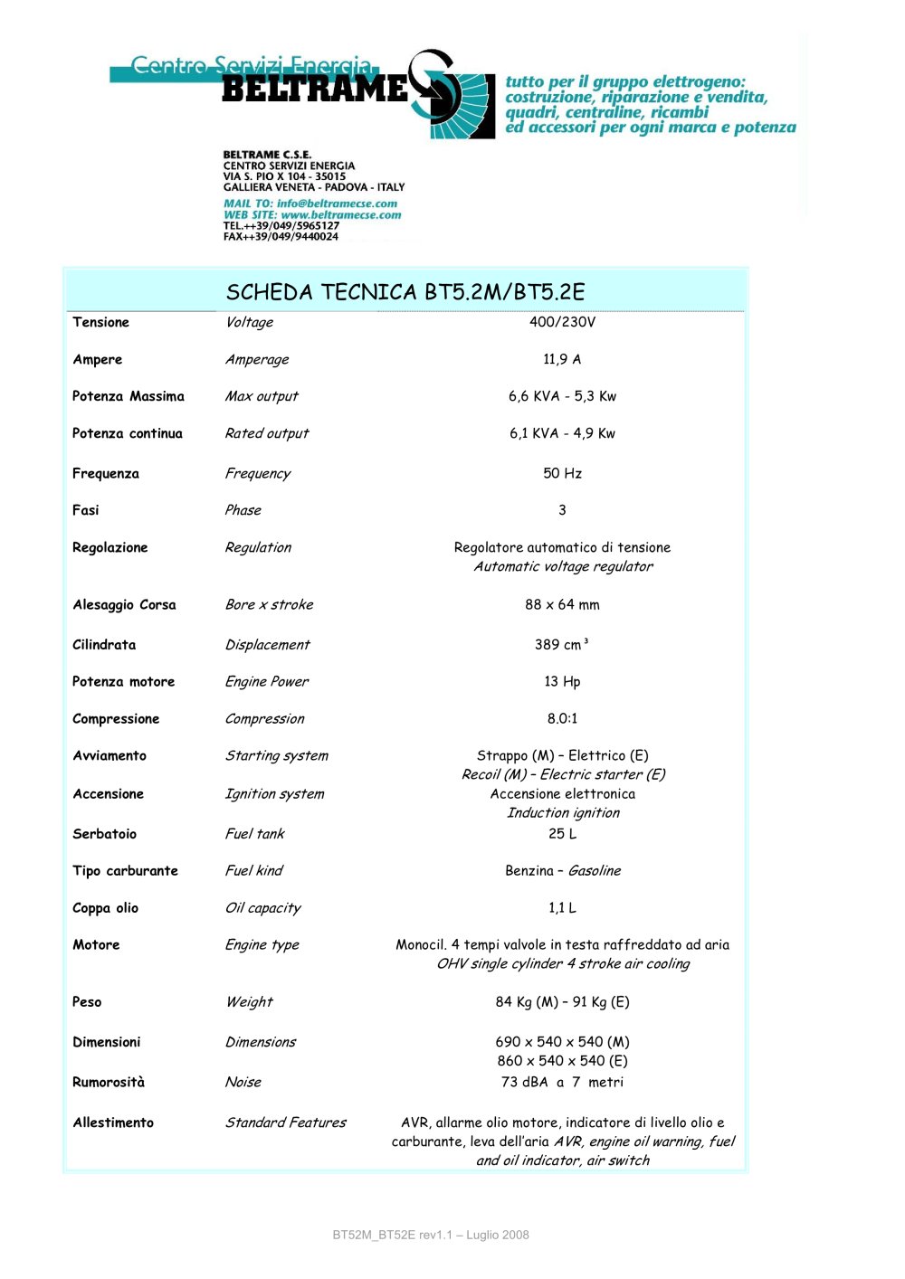 Gasoline generators BT52E - BELTRAME CSE