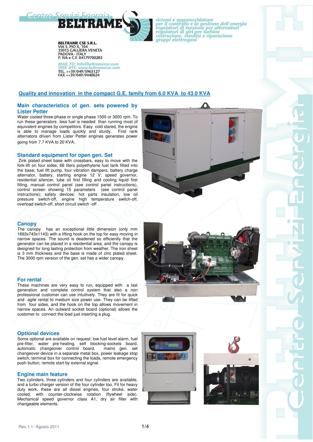 Quality and innovation  in the compact G.E. family from 6.0 KVA  to 43.0 KVA - BELTRAME CSE