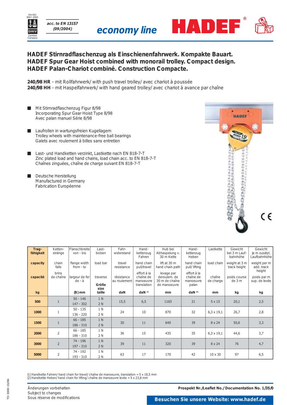 economy line Spur Gear Hoist with trolley - HADEF